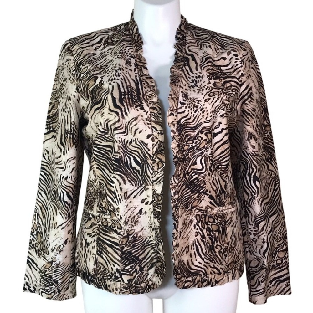 Chico's Animal Print Blazer Ruffle‎ Trim Detail Size Large